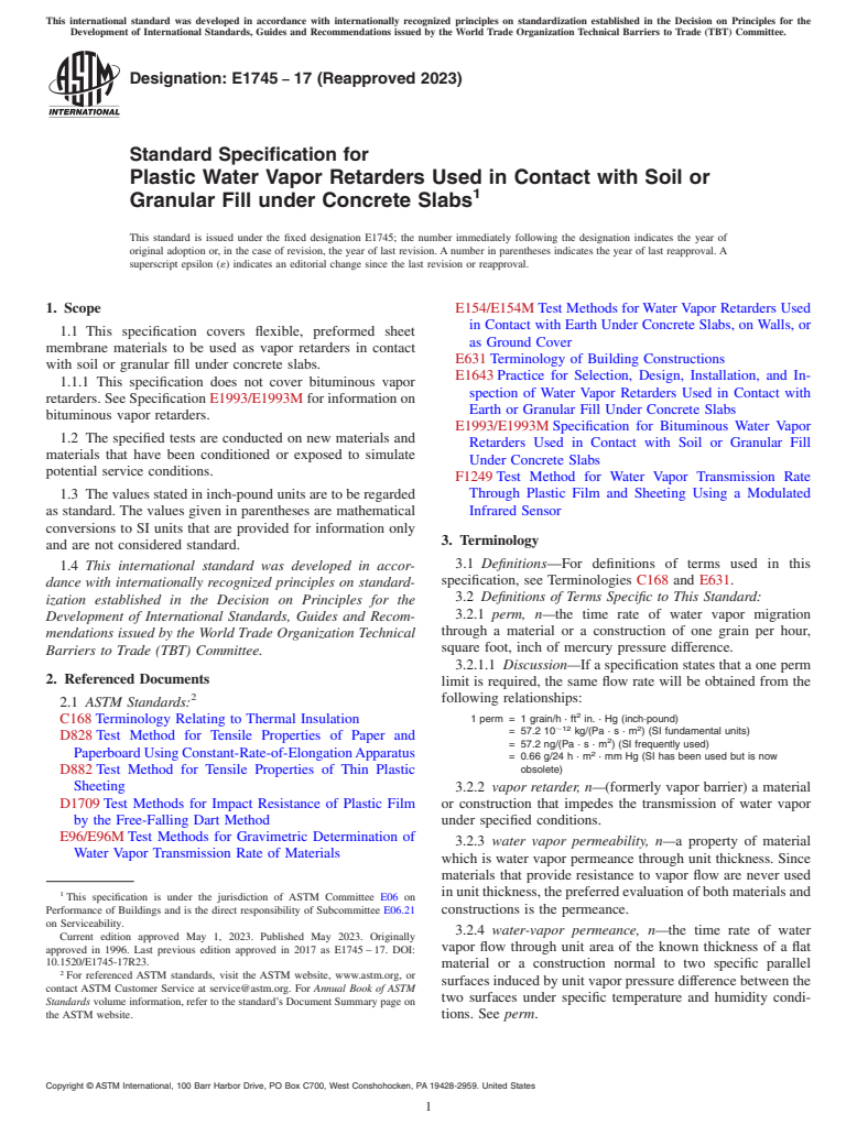 ASTM E1745-17(2023) - Standard Specification for Plastic Water Vapor Retarders Used in Contact with Soil or  Granular Fill under Concrete Slabs