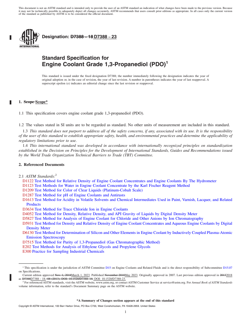 REDLINE ASTM D7388-23 - Standard Specification for Engine Coolant Grade 1,3-Propanediol (PDO)