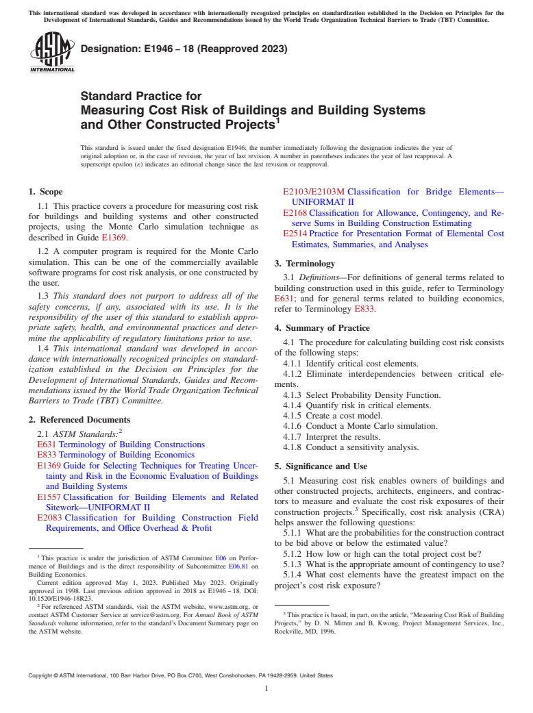 ASTM E1946-18(2023) - Standard Practice for Measuring Cost Risk of Buildings and Building Systems and Other  Constructed Projects