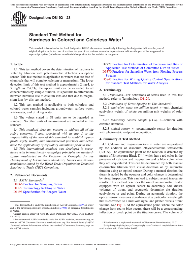 ASTM D8192-23 - Standard Test Method for Hardness in Colored and Colorless Water