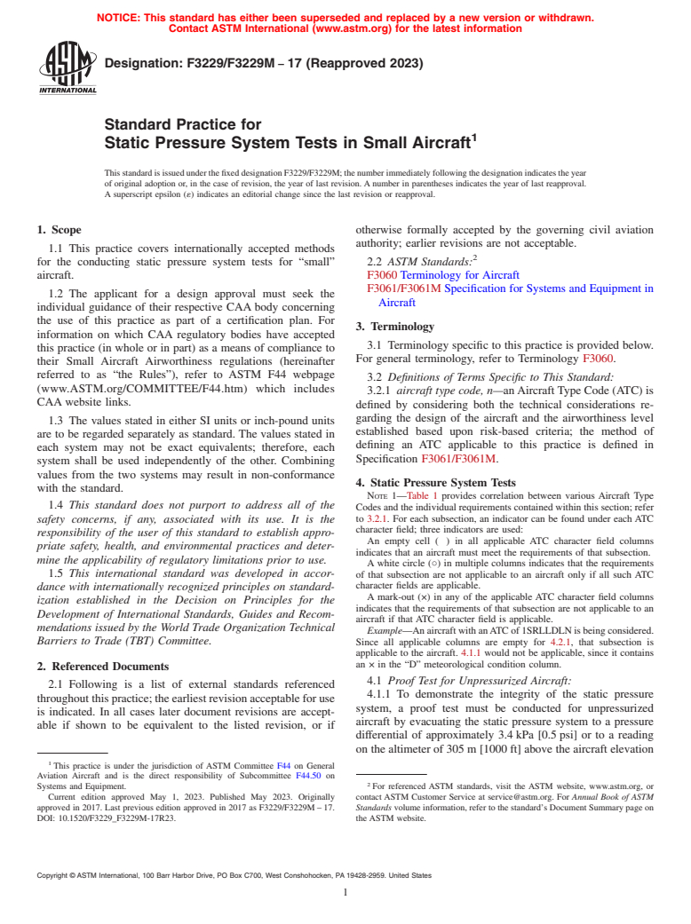 ASTM F3229/F3229M-17(2023) - Standard Practice for Static Pressure System Tests in Small Aircraft