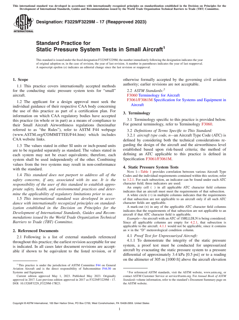 ASTM F3229/F3229M-17(2023) - Standard Practice for Static Pressure System Tests in Small Aircraft