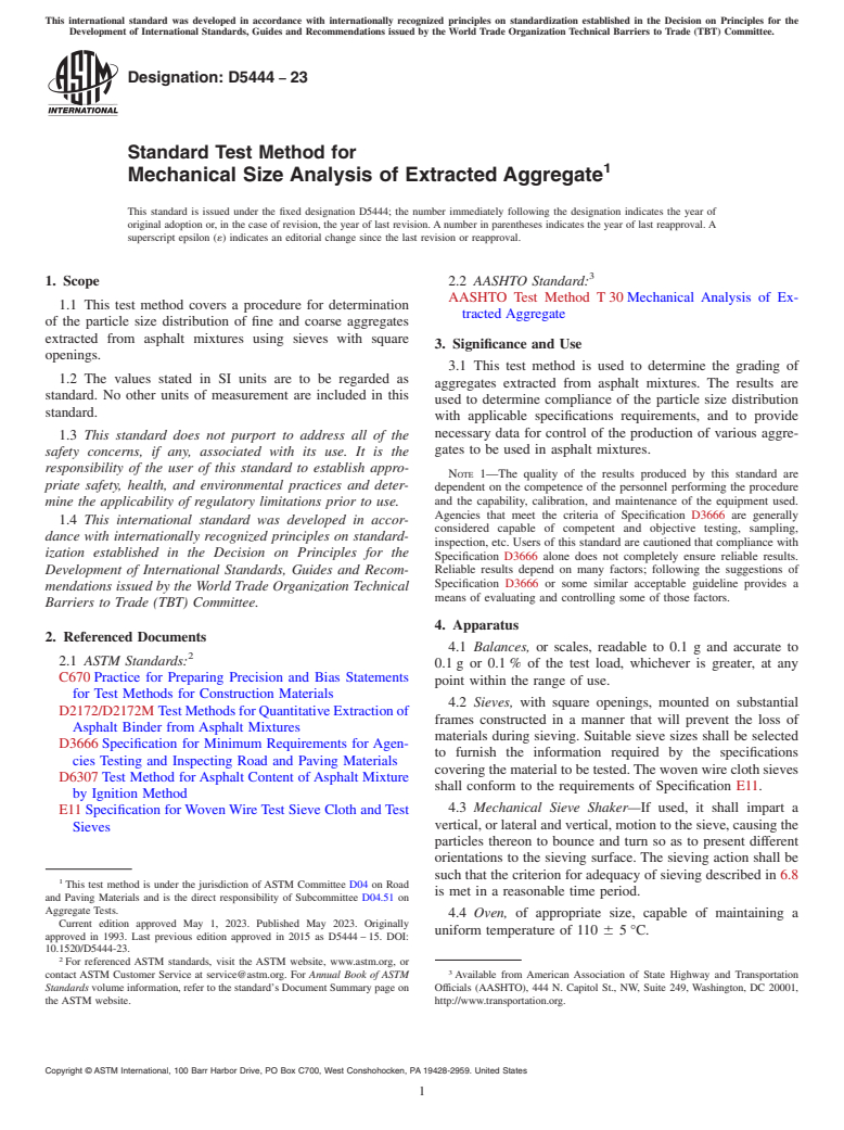 ASTM D5444-23 - Standard Test Method for  Mechanical Size Analysis of Extracted Aggregate