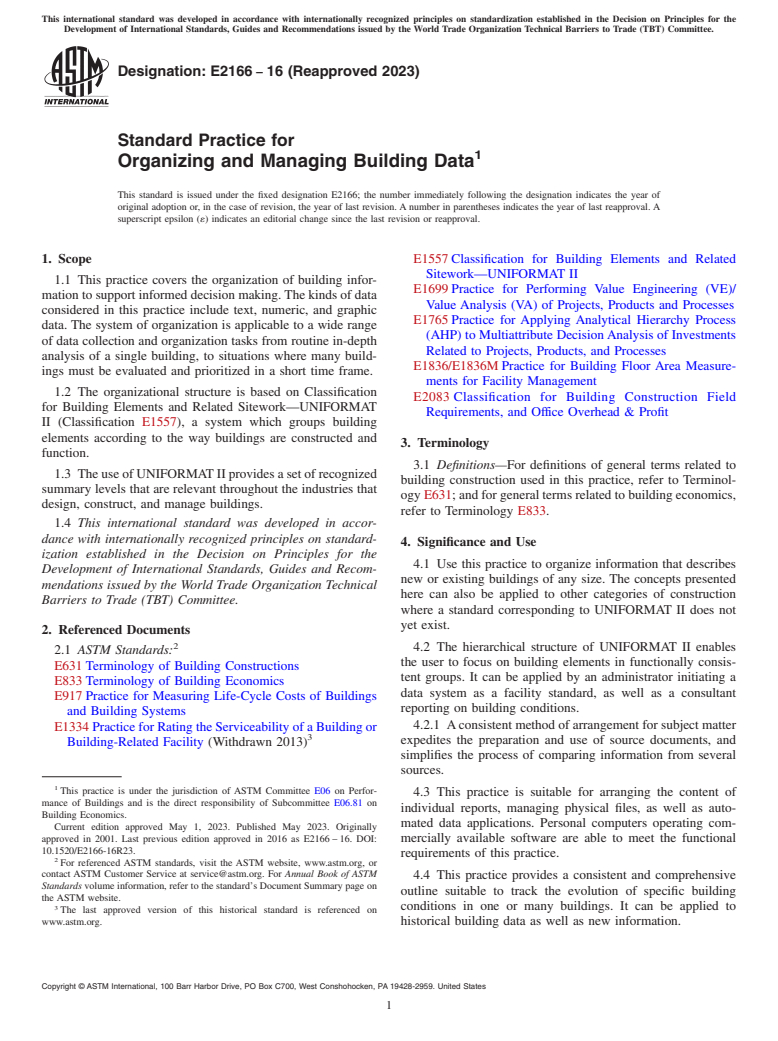 ASTM E2166-16(2023) - Standard Practice for Organizing and Managing Building Data