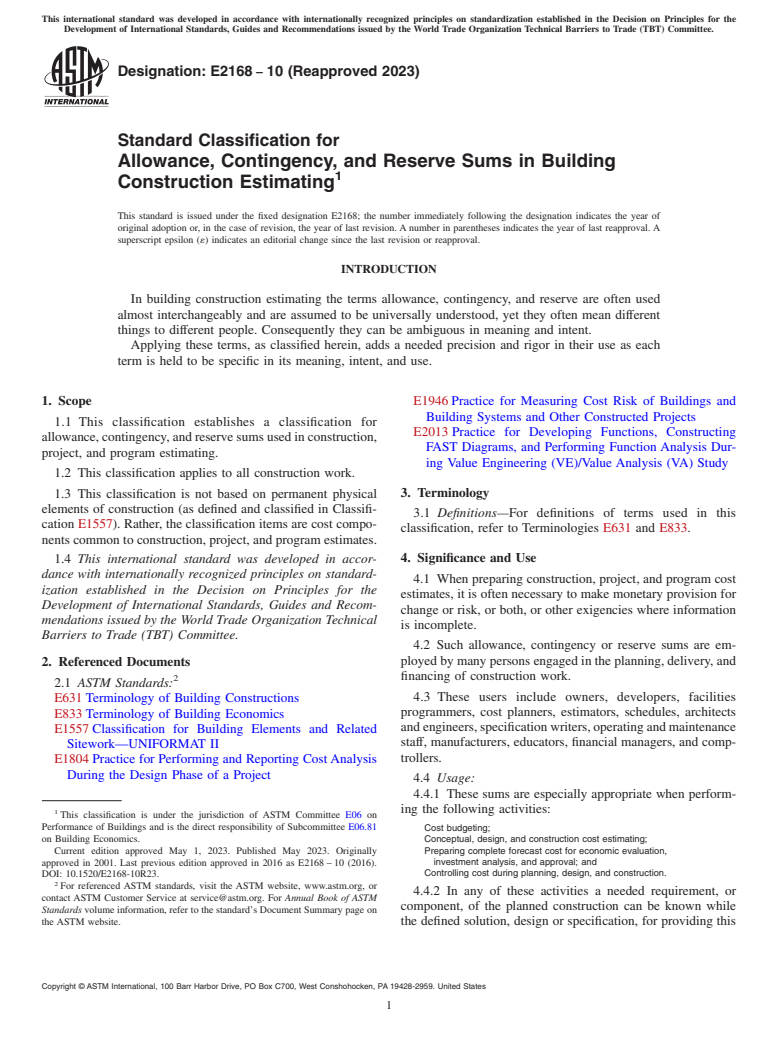 ASTM E2168-10(2023) - Standard Classification for Allowance, Contingency, and Reserve Sums in Building Construction  Estimating