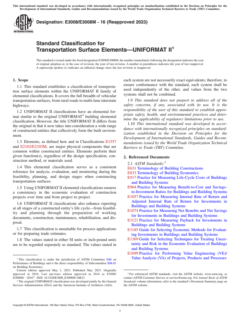 ASTM E3008/E3008M-16(2023) - Standard Classification for Transportation Surface Elements—UNIFORMAT II