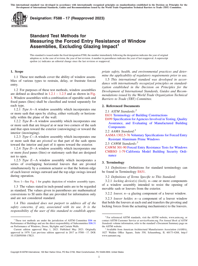 ASTM F588-17(2023) - Standard Test Methods for Measuring the Forced Entry Resistance of Window Assemblies,  Excluding Glazing Impact