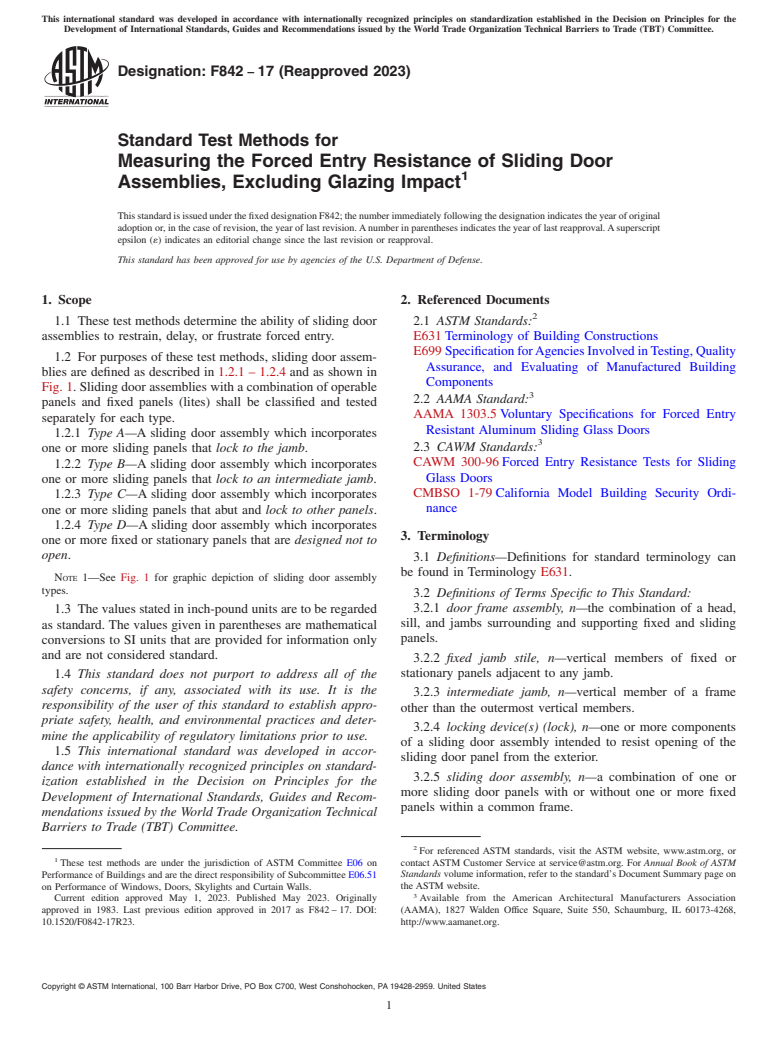 ASTM F842-17(2023) - Standard Test Methods for Measuring the Forced Entry Resistance of Sliding Door Assemblies,  Excluding Glazing Impact