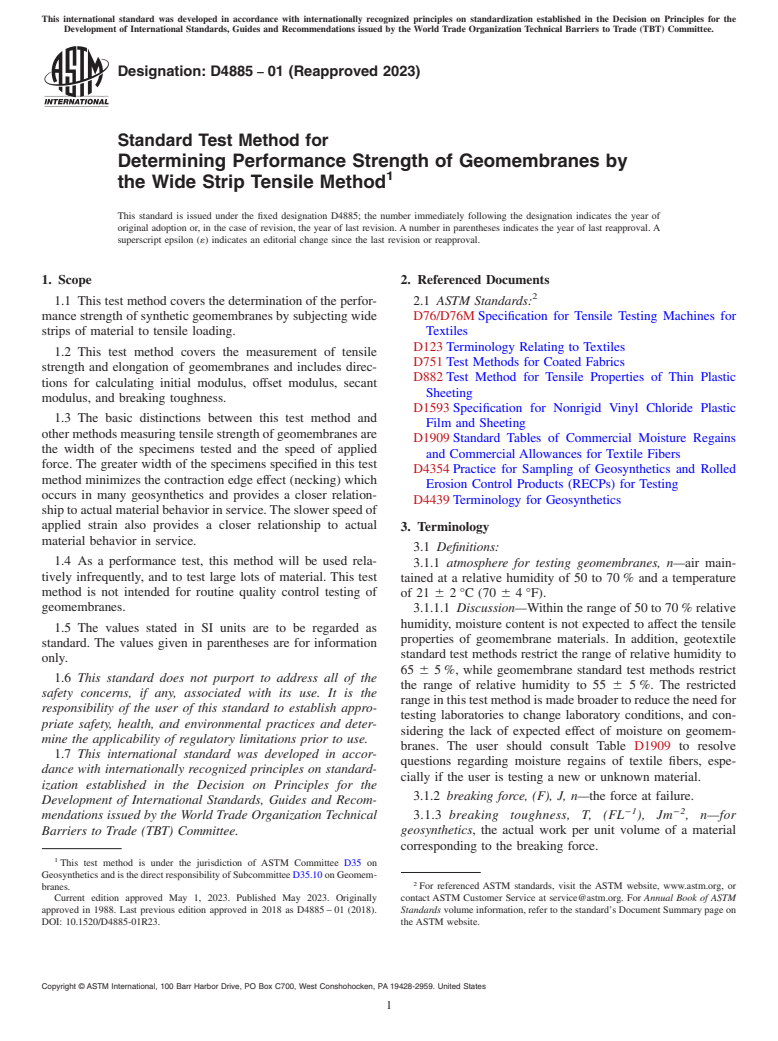 ASTM D4885-01(2023) - Standard Test Method for  Determining Performance Strength of Geomembranes by the Wide  Strip Tensile Method