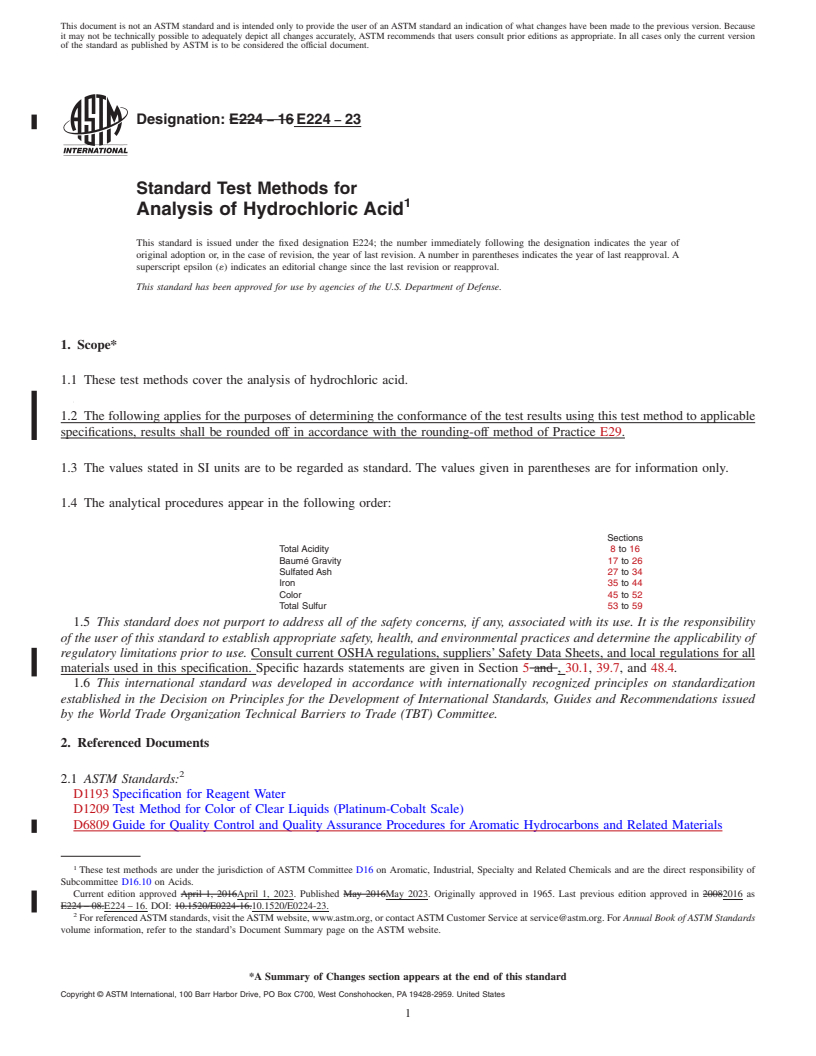REDLINE ASTM E224-23 - Standard Test Methods for Analysis of Hydrochloric Acid