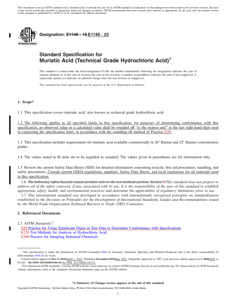 REDLINE ASTM E1146-23 - Standard Specification for Muriatic Acid (Technical Grade Hydrochloric Acid)