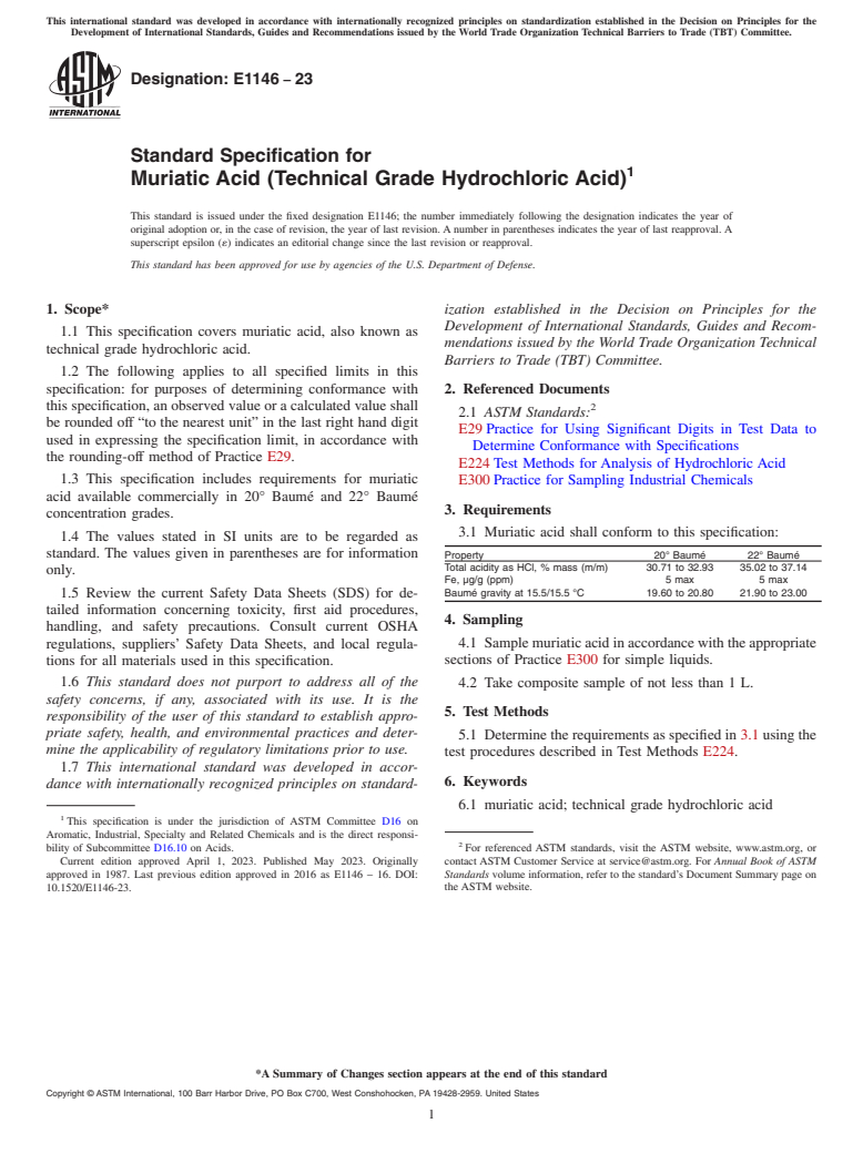 ASTM E1146-23 - Standard Specification for Muriatic Acid (Technical Grade Hydrochloric Acid)