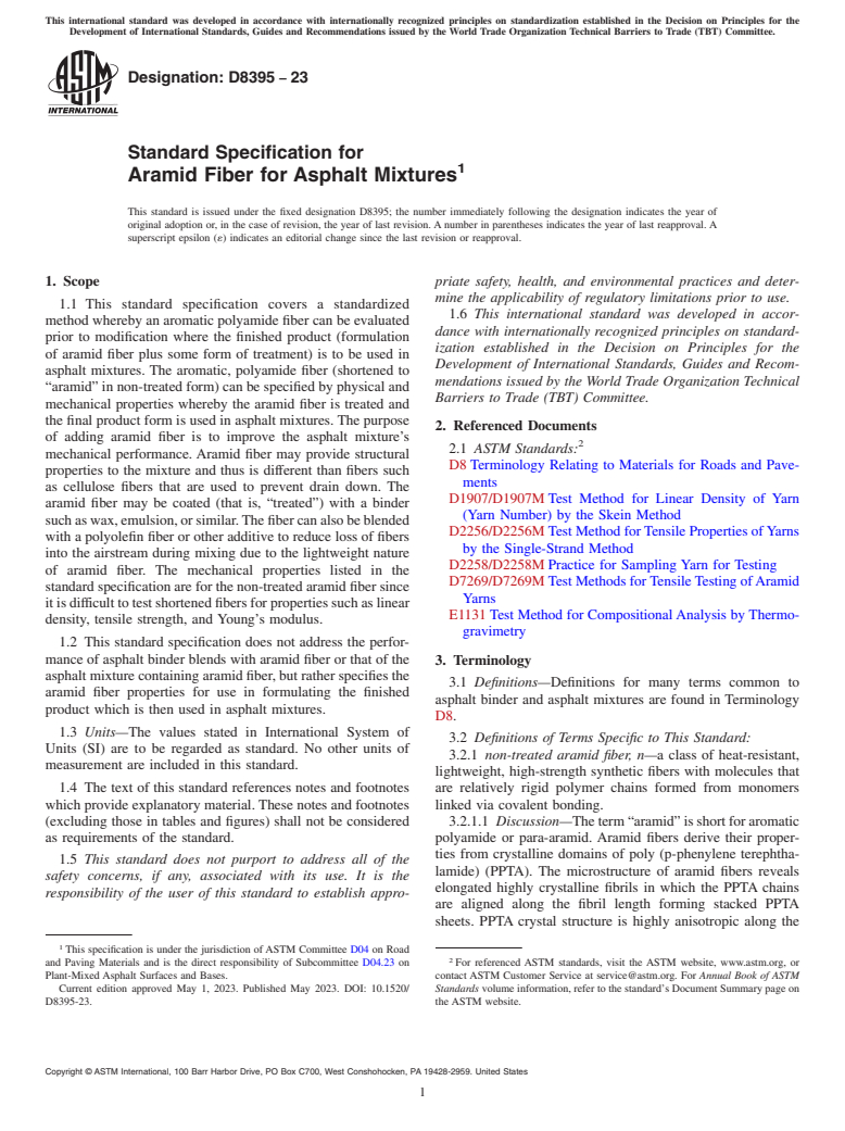 ASTM D8395-23 - Standard Specification for Aramid Fiber for Asphalt Mixtures