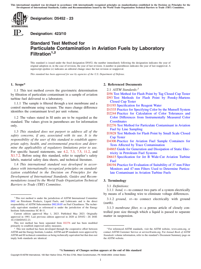 ASTM D5452-23 - Standard Test Method for Particulate Contamination in Aviation Fuels by Laboratory Filtration