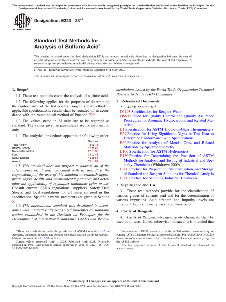 ASTM E223-23e1 - Standard Test Methods for Analysis of Sulfuric Acid