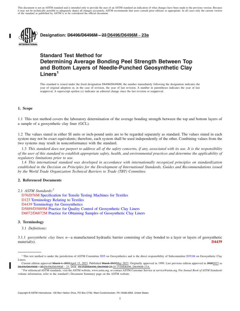 REDLINE ASTM D6496/D6496M-23a - Standard Test Method for Determining Average Bonding Peel Strength Between Top and Bottom  Layers of Needle-Punched Geosynthetic Clay Liners