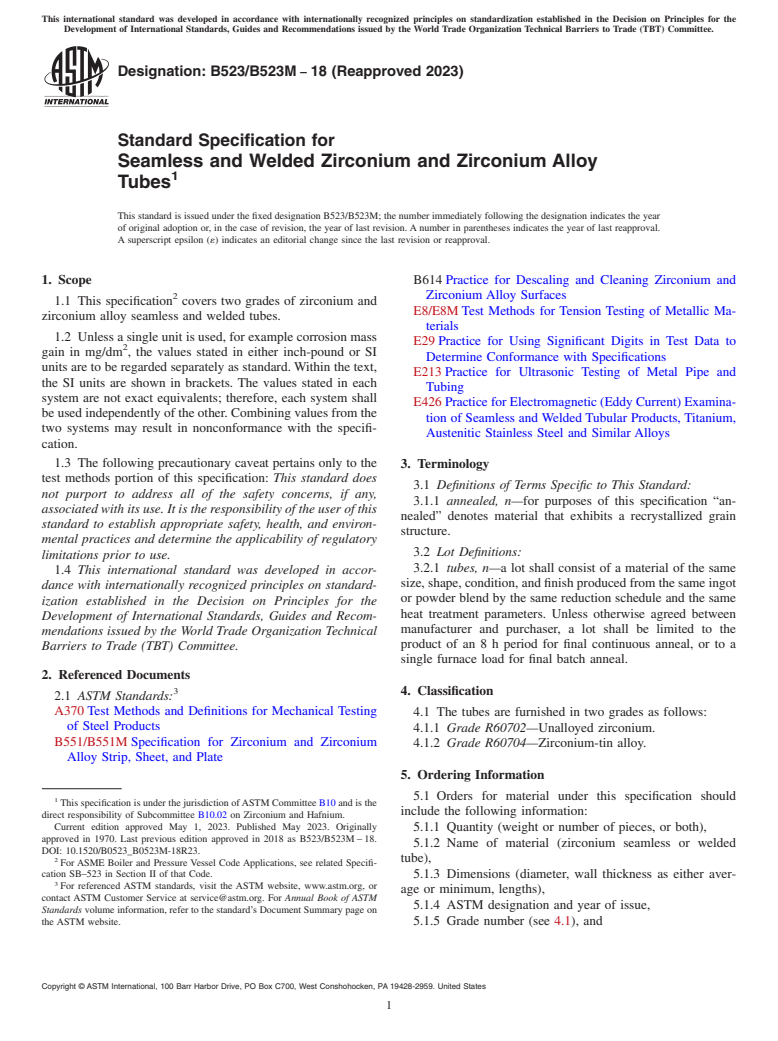 ASTM B523/B523M-18(2023) - Standard Specification for  Seamless and Welded Zirconium and Zirconium Alloy Tubes