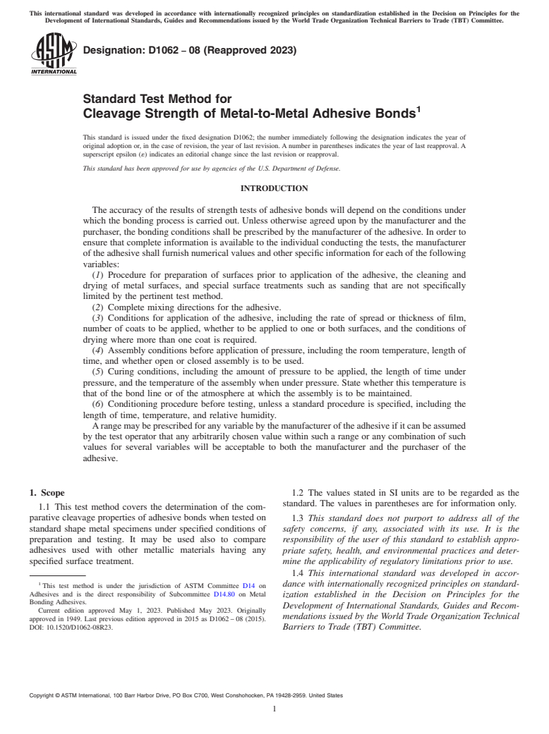 ASTM D1062-08(2023) - Standard Test Method for Cleavage Strength of Metal-to-Metal Adhesive Bonds