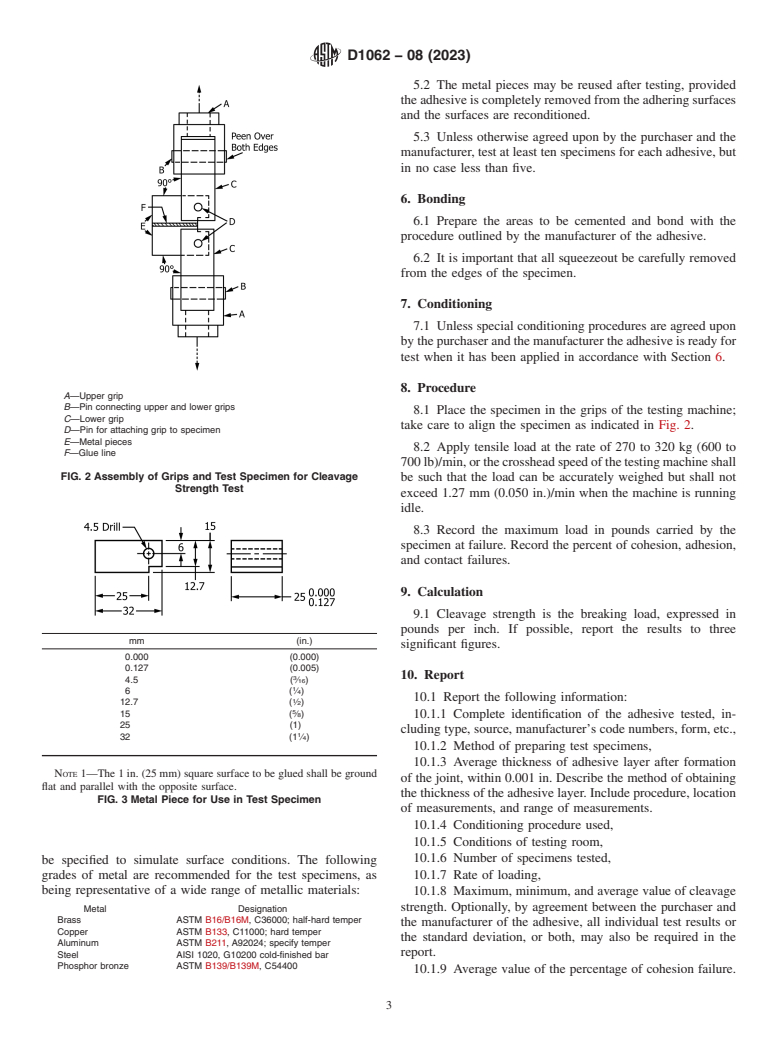 ASTM D1062-08(2023) - Standard Test Method for Cleavage Strength of Metal-to-Metal Adhesive Bonds