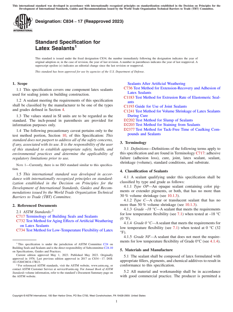 ASTM C834-17(2023) - Standard Specification for  Latex Sealants