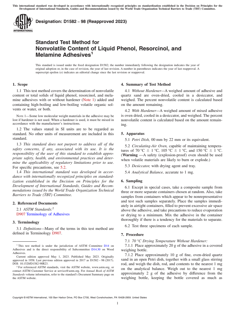 ASTM D1582-98(2023) - Standard Test Method for Nonvolatile Content of Liquid Phenol, Resorcinol, and Melamine  Adhesives
