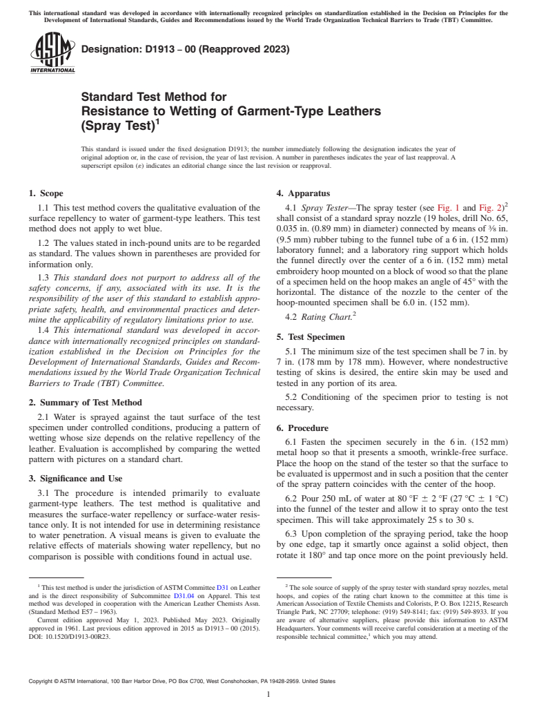 ASTM D1913-00(2023) - Standard Test Method for  Resistance to Wetting of Garment-Type Leathers<brk/> (Spray  Test)