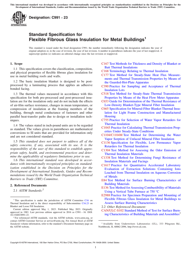 ASTM C991-23 - Standard Specification for Flexible Fibrous Glass Insulation for Metal Buildings