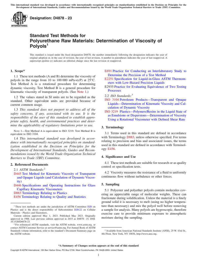 ASTM D4878-23 - Standard Test Methods for Polyurethane Raw Materials: Determination of Viscosity of Polyols