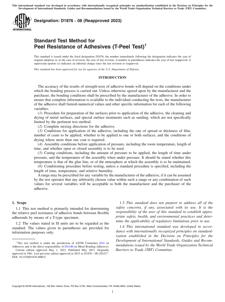 ASTM D1876-08(2023) - Standard Test Method for Peel Resistance of Adhesives (T-Peel Test)