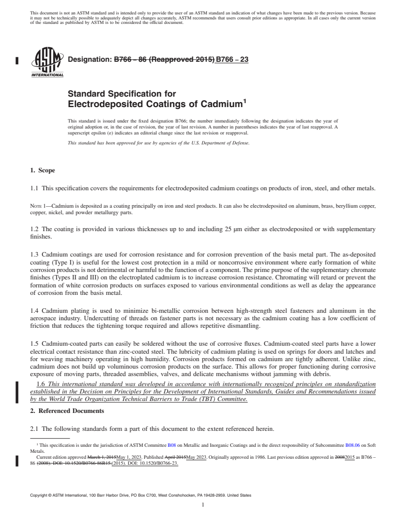 REDLINE ASTM B766-23 - Standard Specification for Electrodeposited Coatings of Cadmium
