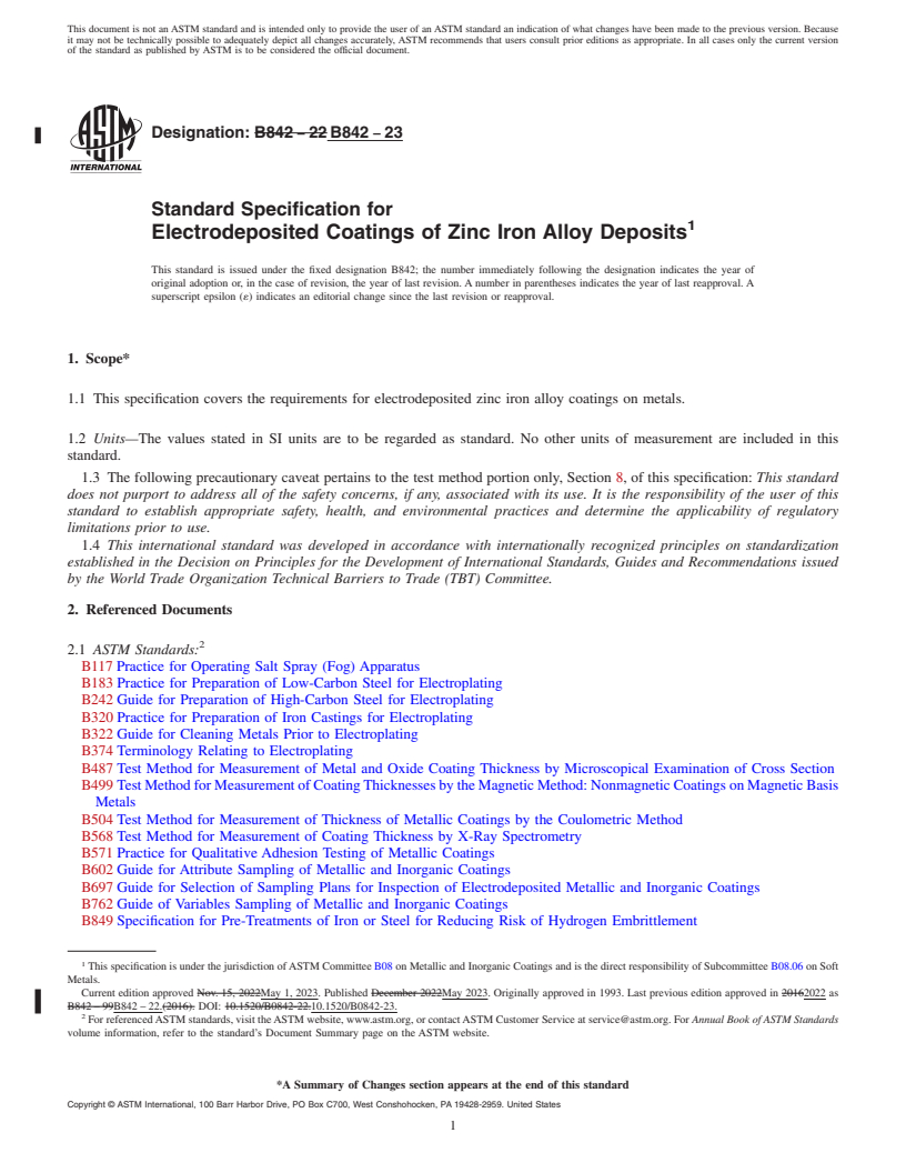 REDLINE ASTM B842-23 - Standard Specification for Electrodeposited Coatings of Zinc Iron Alloy Deposits