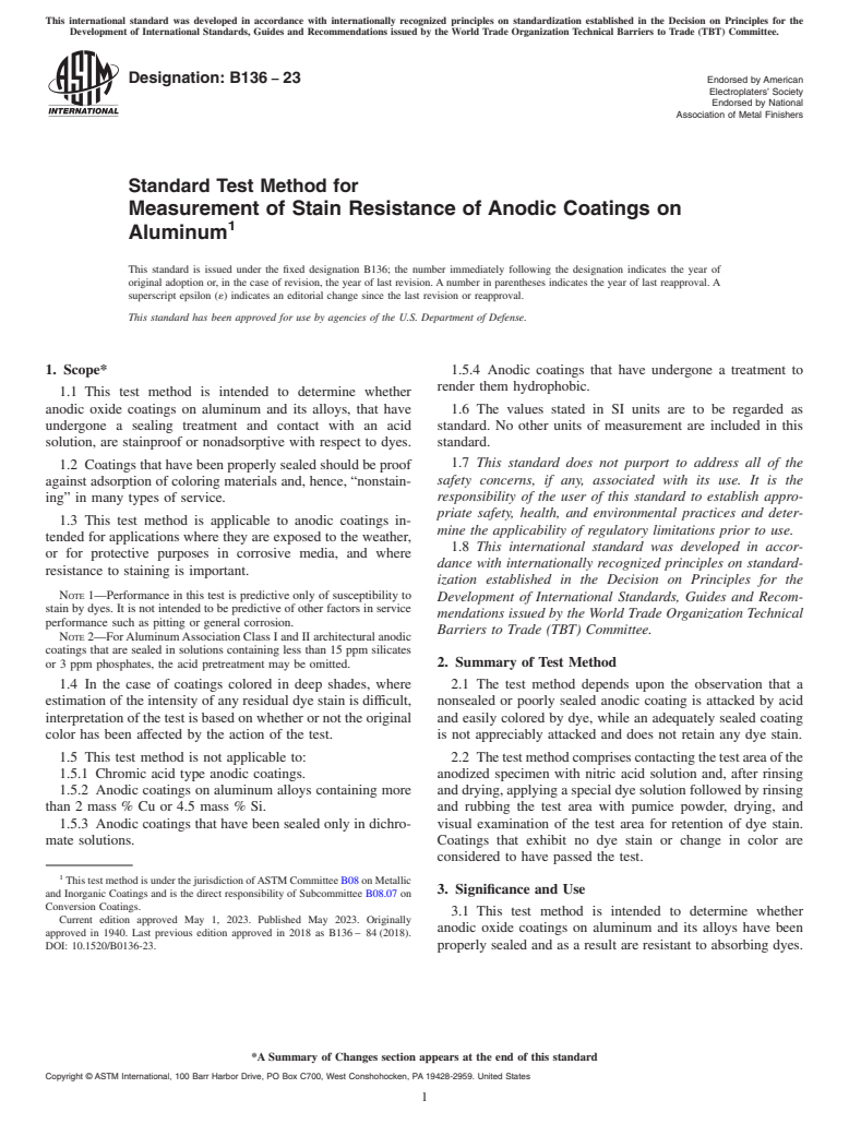 ASTM B136-23 - Standard Test Method for Measurement of Stain Resistance of Anodic Coatings on Aluminum