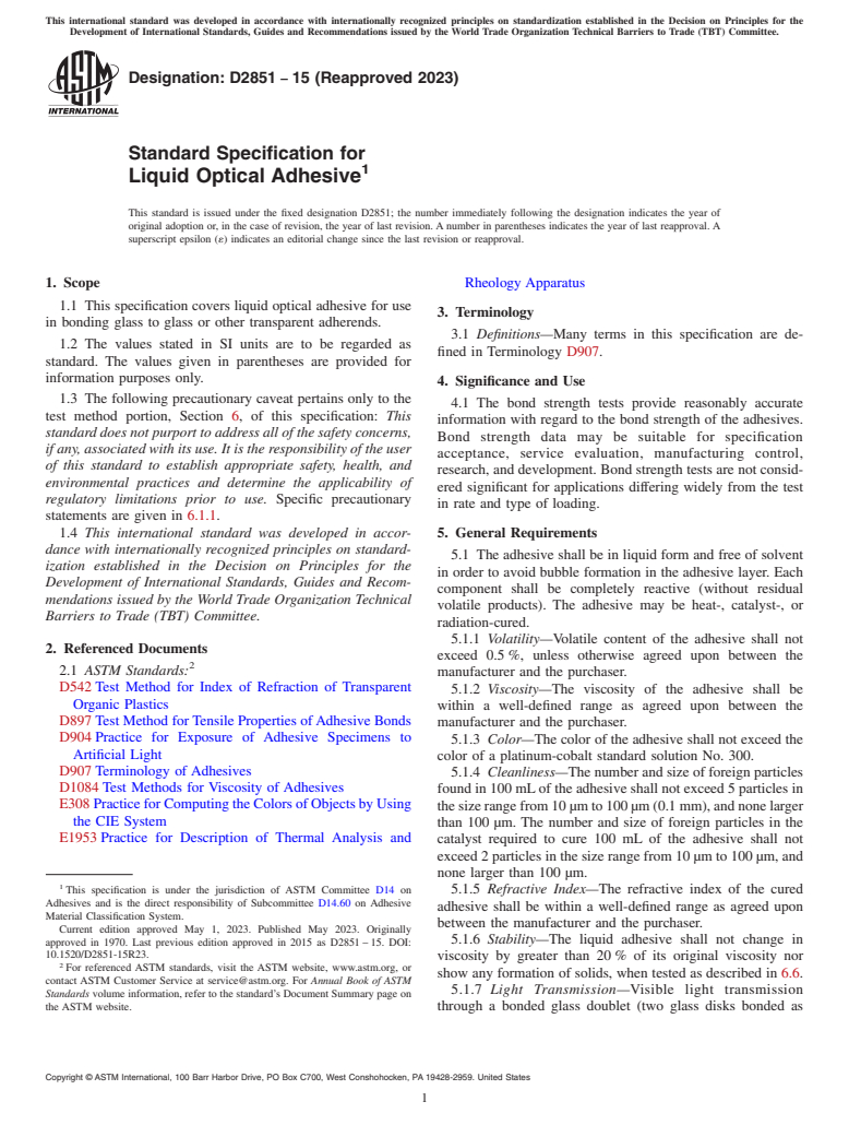 ASTM D2851-15(2023) - Standard Specification for Liquid Optical Adhesive