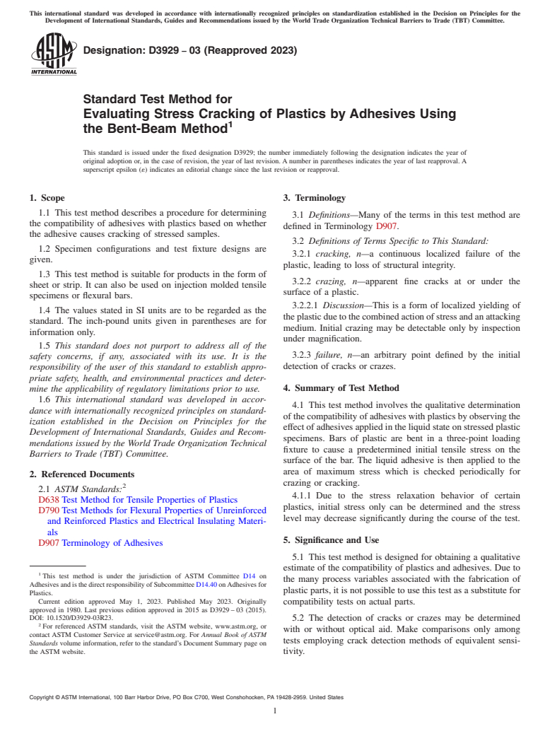 ASTM D3929-03(2023) - Standard Test Method for Evaluating Stress Cracking of Plastics by Adhesives Using the  Bent-Beam Method