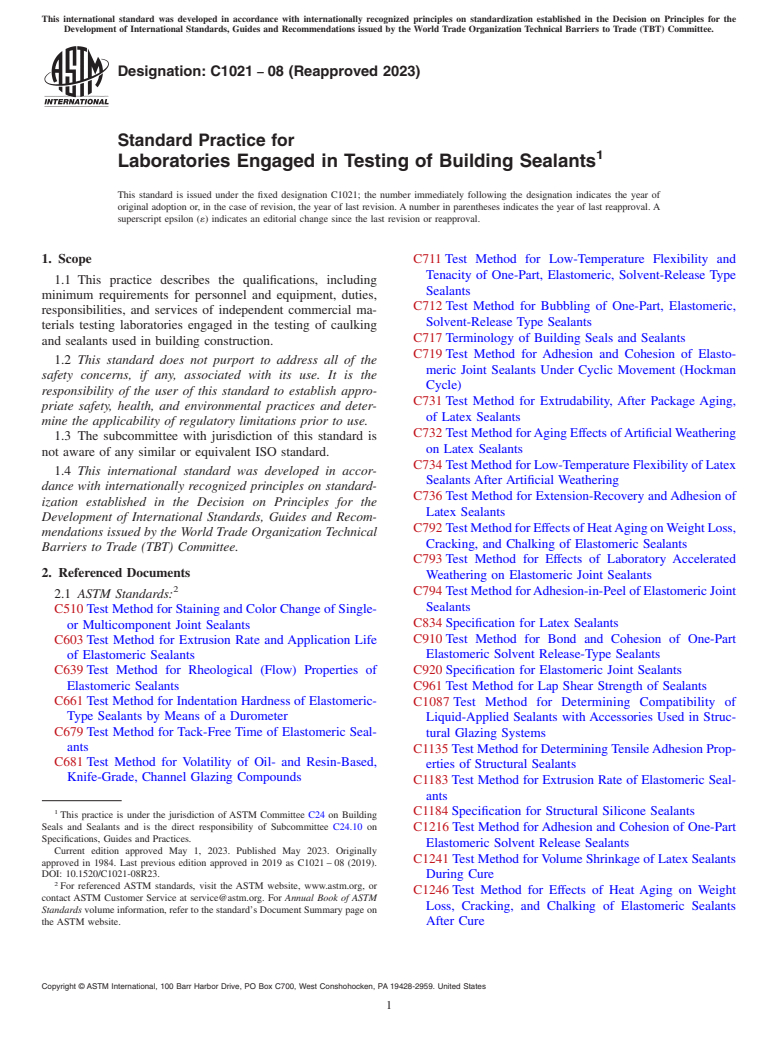ASTM C1021-08(2023) - Standard Practice for  Laboratories Engaged in Testing of Building Sealants