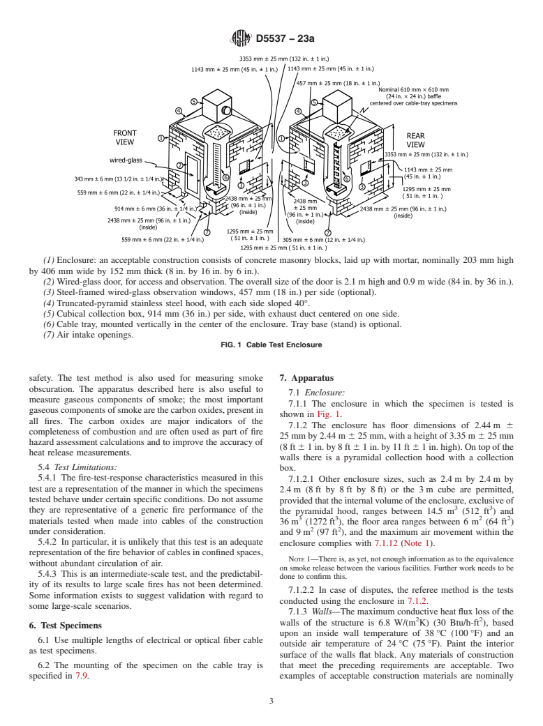 ASTM D5537-23a - Standard Test Method for  Heat Release, Flame Spread, Smoke Obscuration, and Mass Loss  Testing of Insulating Materials Contained in Electrical or Optical  Fiber Cables When Burning in a Vertical Cable Tray Configuration