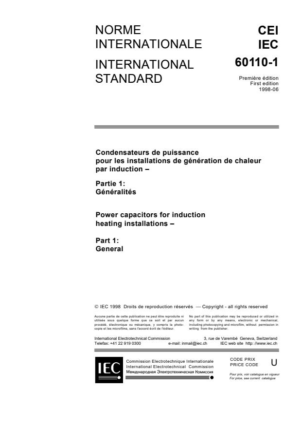IEC 60110-1:1998 - Power capacitors for induction heating installations - Part 1: General