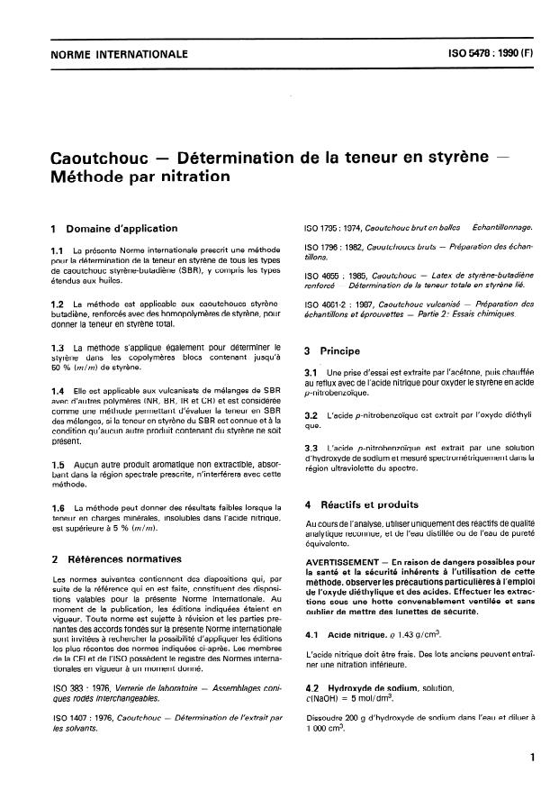 ISO 5478:1990 - Caoutchouc -- Détermination de la teneur en styrene -- Méthode par nitration