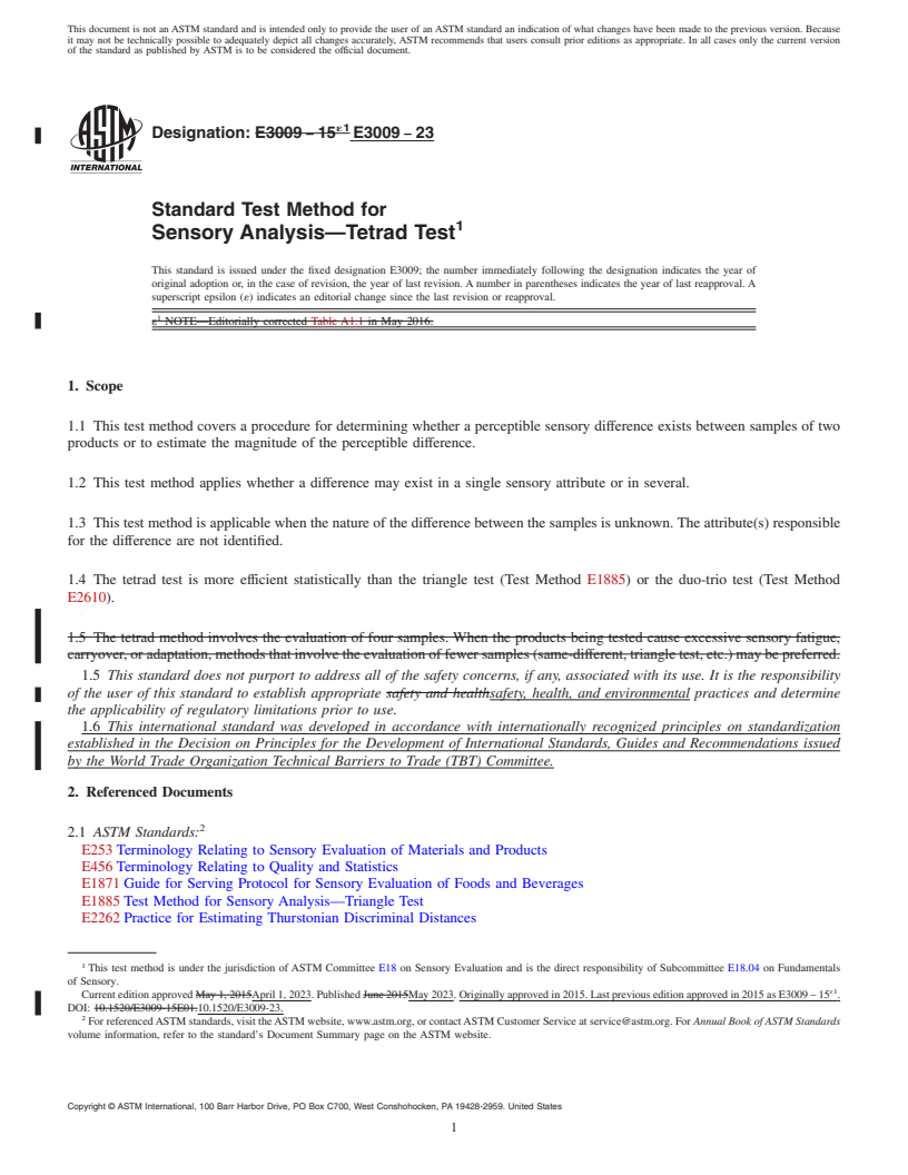 REDLINE ASTM E3009-23 - Standard Test Method for Sensory Analysis—Tetrad Test