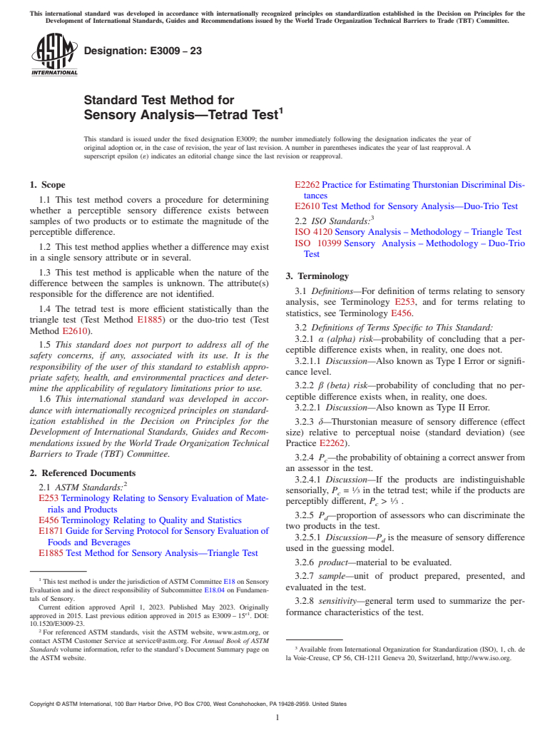 ASTM E3009-23 - Standard Test Method for Sensory Analysis—Tetrad Test