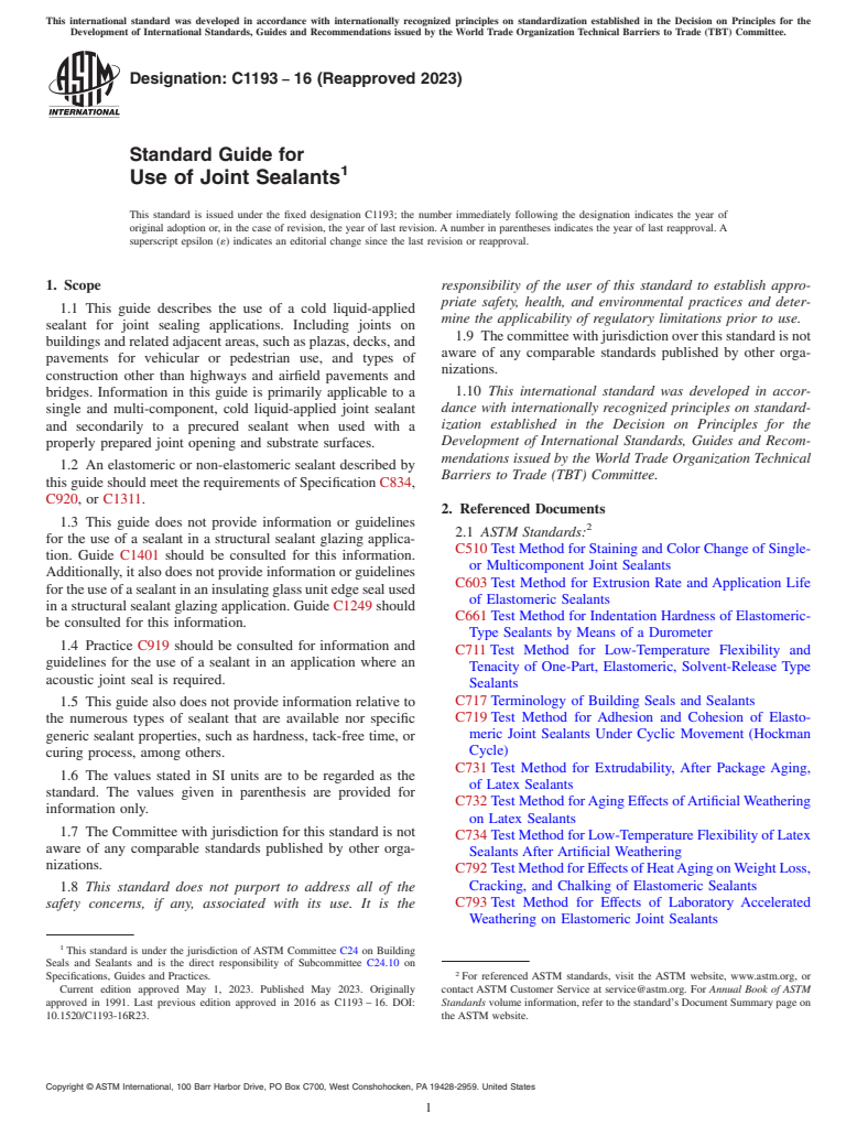 ASTM C1193-16(2023) - Standard Guide for  Use of Joint Sealants