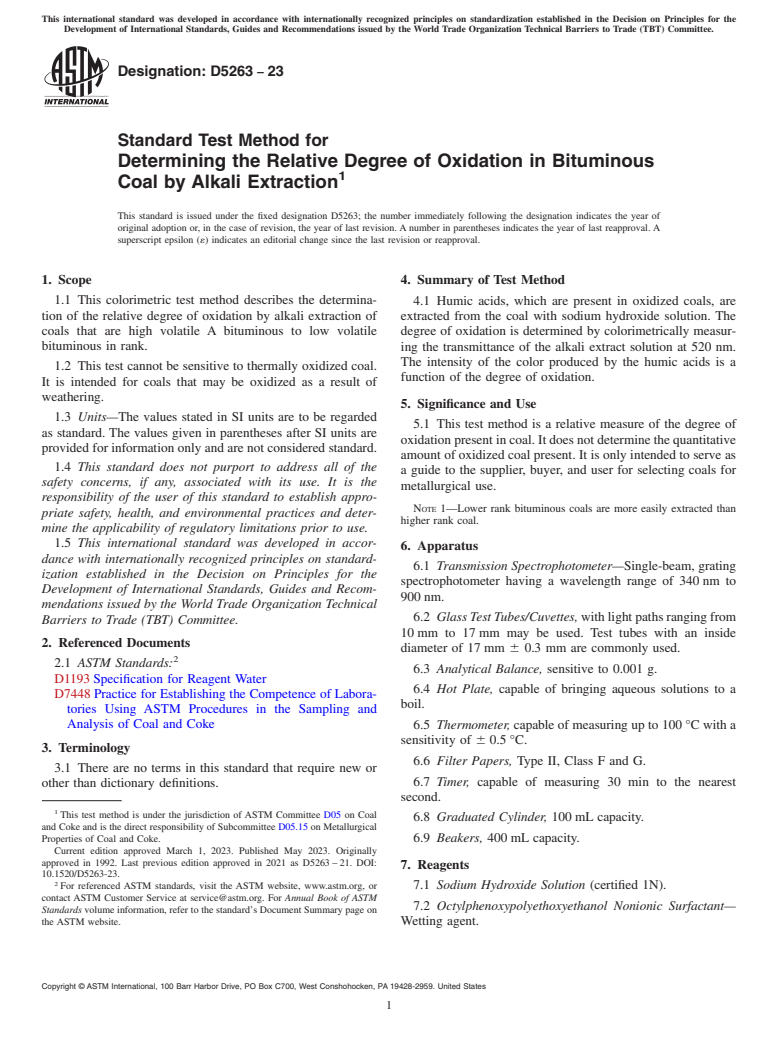 ASTM D5263-23 - Standard Test Method for  Determining the Relative Degree of Oxidation in Bituminous  Coal by Alkali Extraction