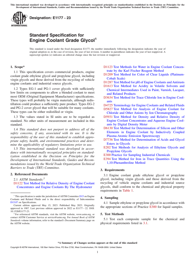 ASTM E1177-23 - Standard Specification for Engine Coolant Grade Glycol