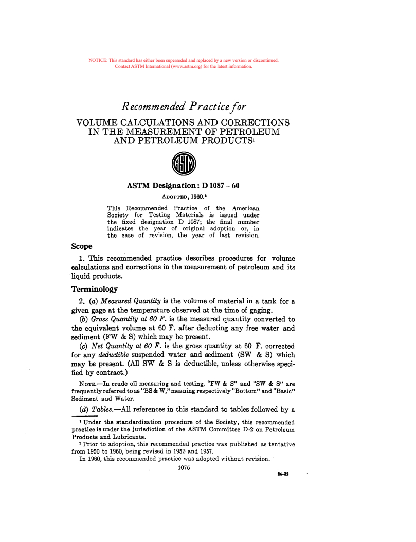 ASTM D1087-60 - Recommended Practice for Volume Calculations and Corrections in the Measurement of Petroleum and Petroleum Products (Withdrawn 1964)