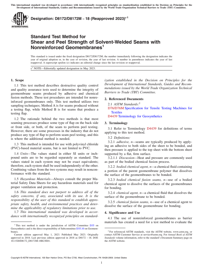 ASTM D8172/D8172M-18(2023)e1 - Standard Test Method for Shear and Peel Strength of Solvent-Welded Seams with Nonreinforced  Geomembranes