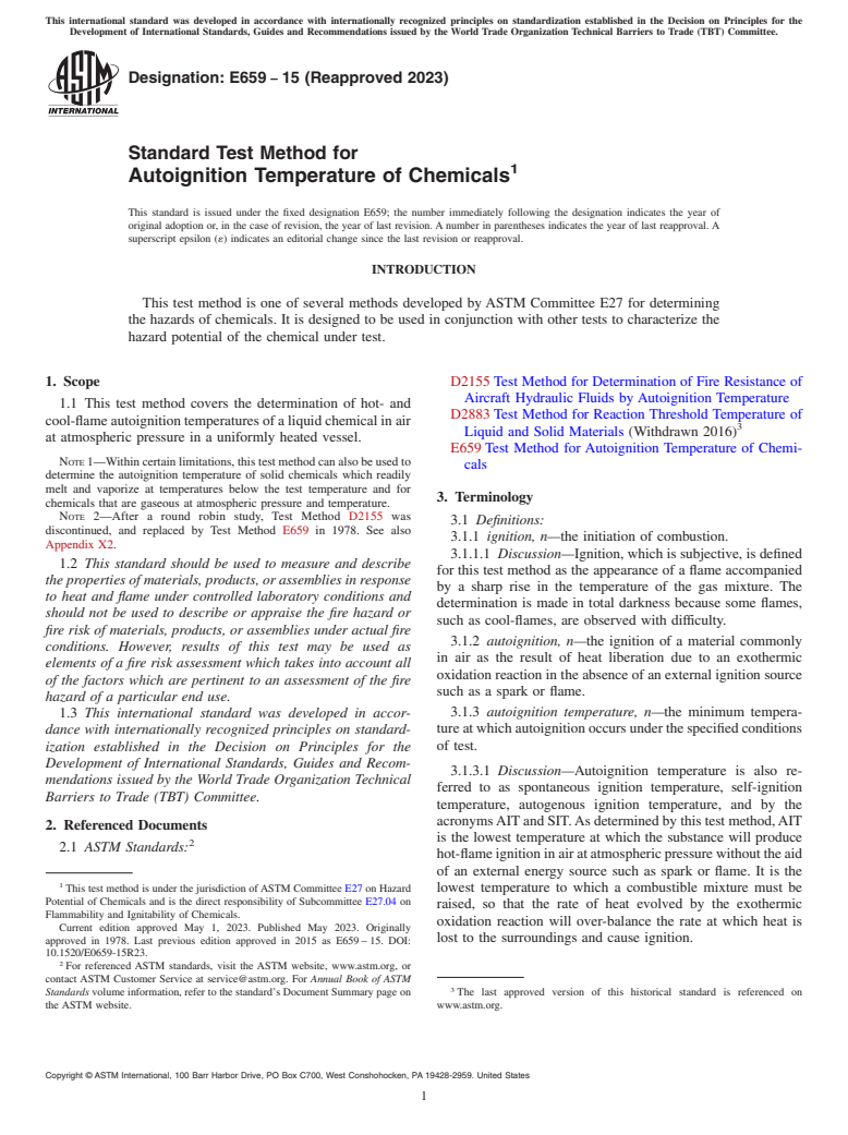 ASTM E659-15(2023) - Standard Test Method for  Autoignition Temperature of Chemicals