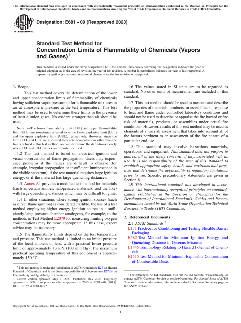 ASTM E681-09(2023) - Standard Test Method for  Concentration Limits of Flammability of Chemicals (Vapors and  Gases)