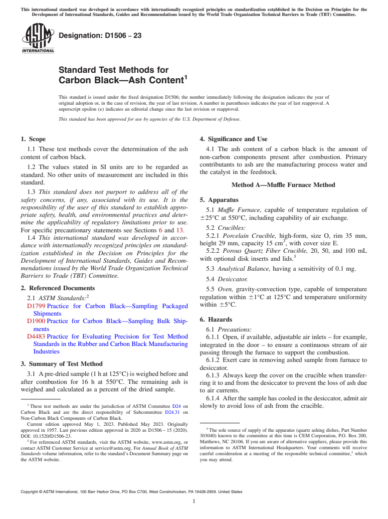 ASTM D1506-23 - Standard Test Methods for Carbon Black—Ash Content
