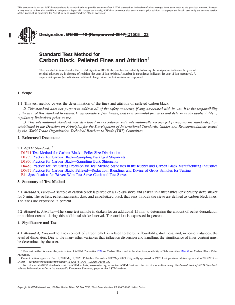 REDLINE ASTM D1508-23 - Standard Test Method for  Carbon Black, Pelleted Fines and Attrition