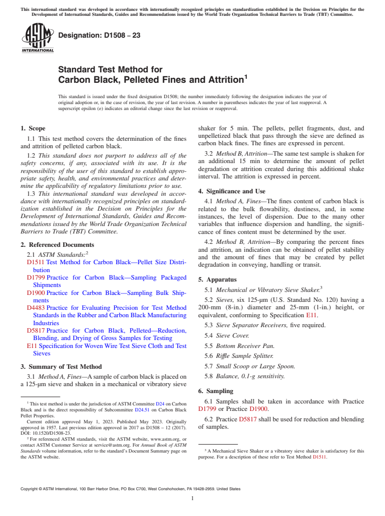 ASTM D1508-23 - Standard Test Method for  Carbon Black, Pelleted Fines and Attrition